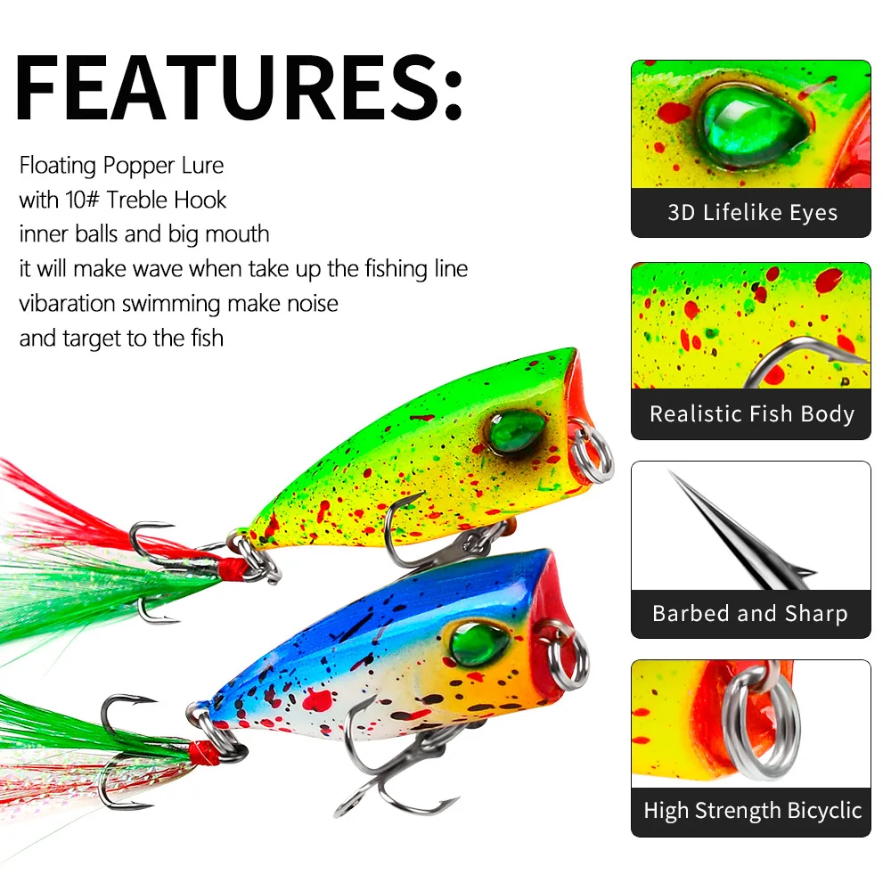 4,3cm 4g Mini Popper Angelköder Oberflächenköder Harter Kunstköder Künstliche Wobbler Plastik Pesca Angelzubehör mit 10 Stück # Federhaken – Detail 3