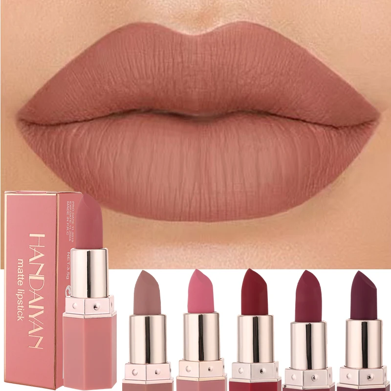 Handaiyan-lápiz labial de terciopelo resistente al agua, 6 colores, Sexy, pigmentos rojos y marrones, maquillaje profesional de larga duración