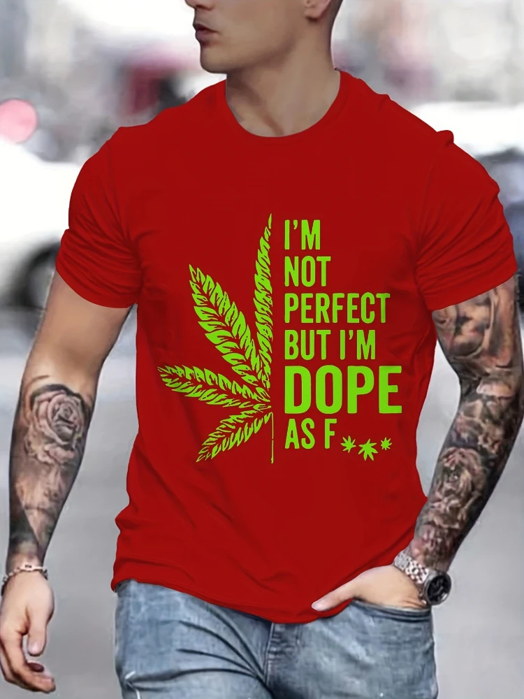 Men's eye-catching leaves and slogan T-shirt-dynamic cotton printed casual T-shirt, regular fit round neck.