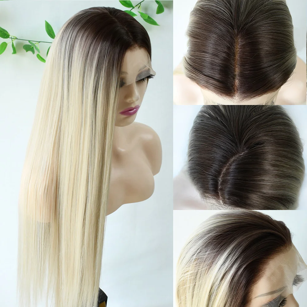 

Ombre Blonde 13x4 Bone Straight Lace Front Wig Synthetic Glueless HD Lace Wigs For Women Cosplay Party