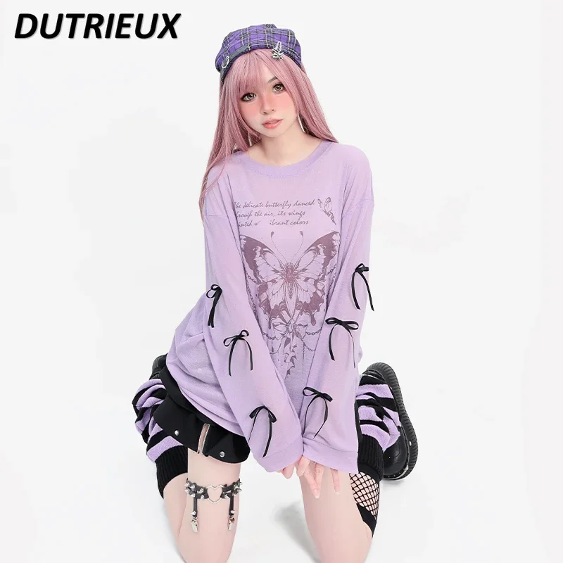 Japanese Bow Loose Long Sleeve T-shirt Summer New Sweet Girl Printed Round Neck All-Matching Overclothes Sun Protection Clothing