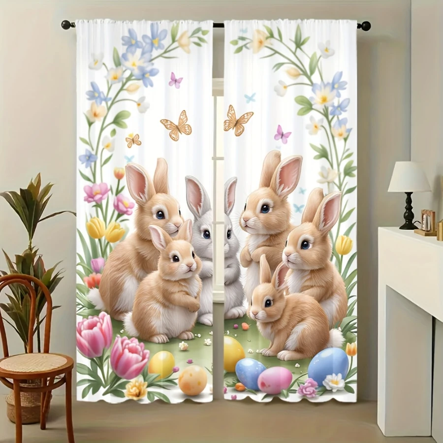 2PCS Digital Printed Curtains, Spring Rabbit Family Design, Easter Holiday Style for Living Room Bedroom Kitchen Home Decor