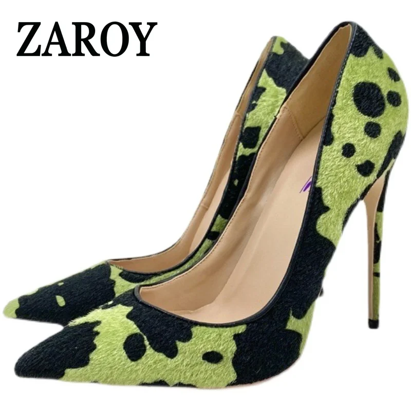 【Outlet Clearance】Women Shoes Camouflage Horse Hair Celebrity High Heels 12CM Thin Heels Pointed Shallow Mouth Single Shoes
