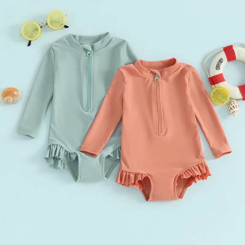 

Toddler Girls Rash Guard Swimsuit Rompers Long Sleeve Solid Color Ruffles Zipper Kids Bathing Suit Swimwear