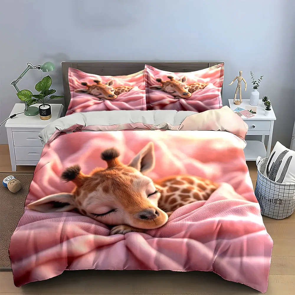 Cute Sleeping Baby Giraffe Bedding Set,Pink Flannel Blanket Newborn Animal Print Soft Microfiber 3PC For Toddler Baby Girls Room