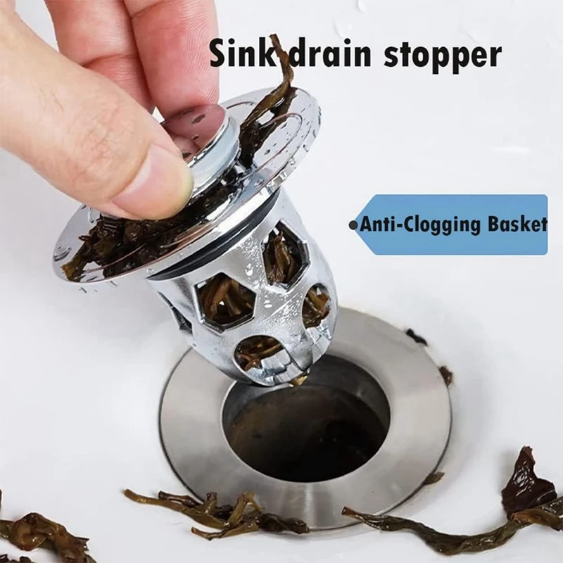 AB15-Stainless Steel, Rebound Core Push Type Sink Plug, Universal -Up Drain Strainer With Anti Clogging Sieve 34-40 Mm