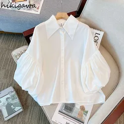 2024 Camisas De Mujer Chiffon White Blouse for Women Loose Vintage Korean Shirts Single Breasted Lantern Sleeve Summer Tops