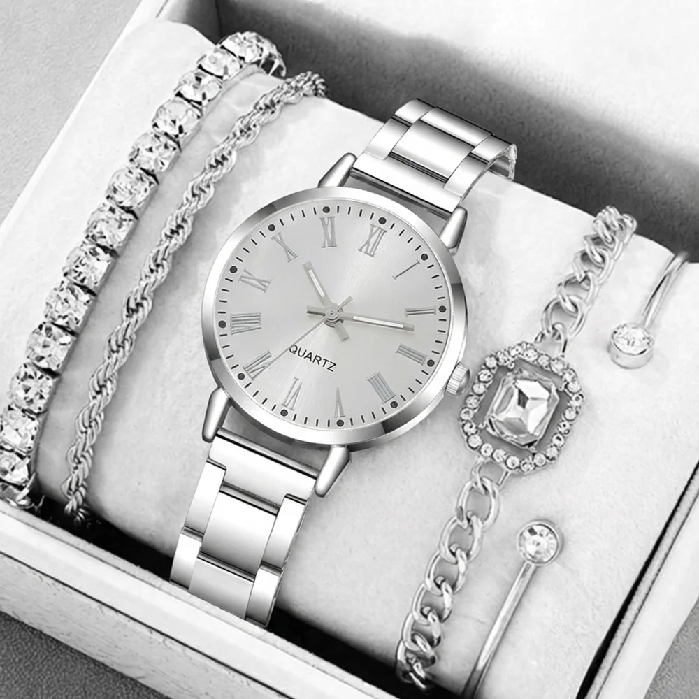 5Pcs/Set Unisex Jewelry Watches Women's Wristwatch Accessories Silver Trendy Fashionable Elegant Classic Exquisite Light Luxury Simple Style Luxury Rhinestone Quartz Watch Set Y2K Suitable for Travel, Parties, Daily Outfits, Perfect Birthday and Holiday Gift
