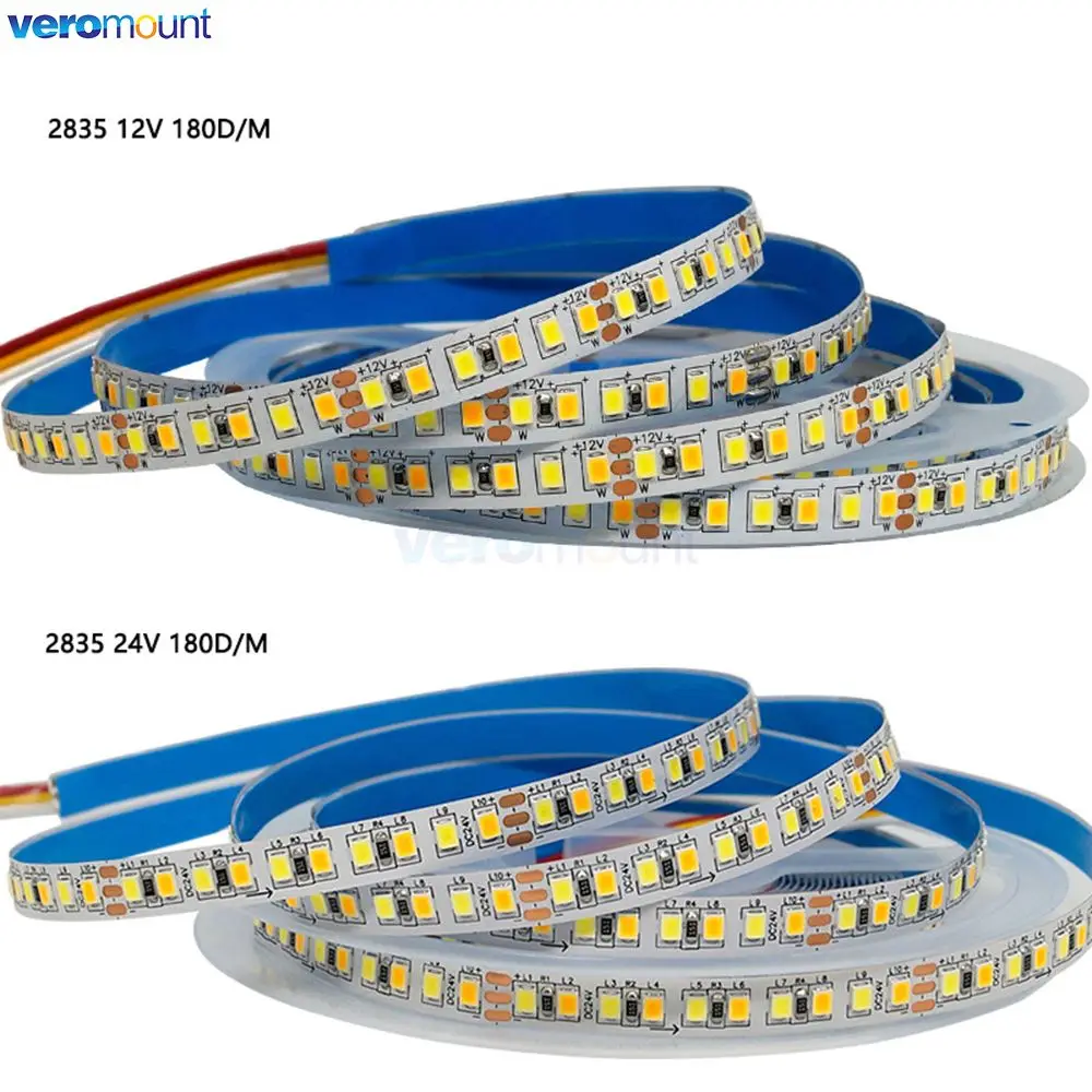 5m Dual Color SMD 2835 CCT Dimmable LED Strip Light 5V 12V 24V DC WW CW Color Temperature Adjustable Flexible LED Tape Ribbon