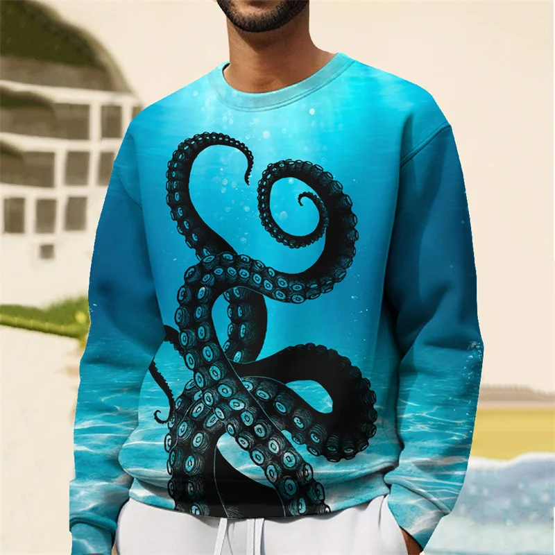 Tentacle Pattern Hoodie For Men Sea Animal 3D Printed Pullover Autumn Street Long Sleeve Loose Sweatshirt Round Neck Hoodies Top