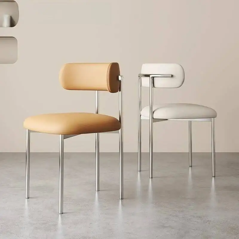 Modern Leather Dining Chair with Polished Metal Legs Armless Upholstered Accent Chair with Lumbar Support for Dining Room