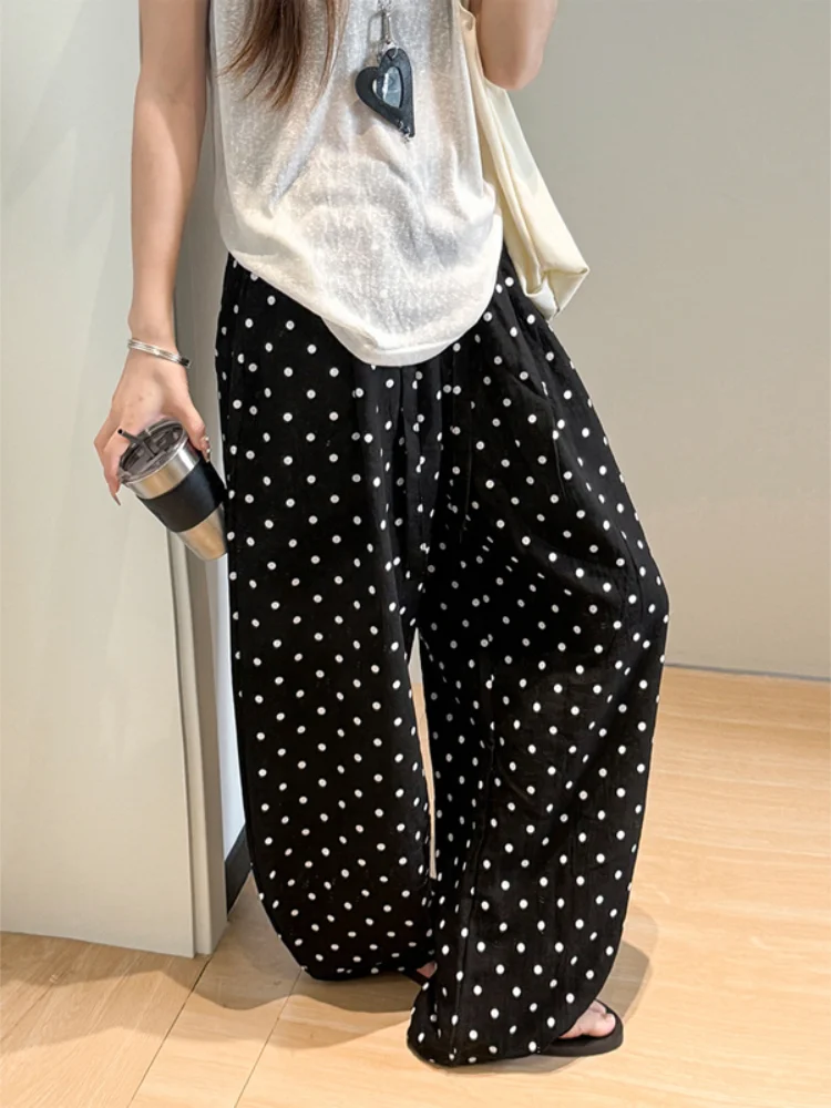 Polka Dot Wide Leg Pants Cute Chic Elastic Women's Waist Drawstring Polka Dot Trousers 2026 Lady Summer Casual Loungewear Pant