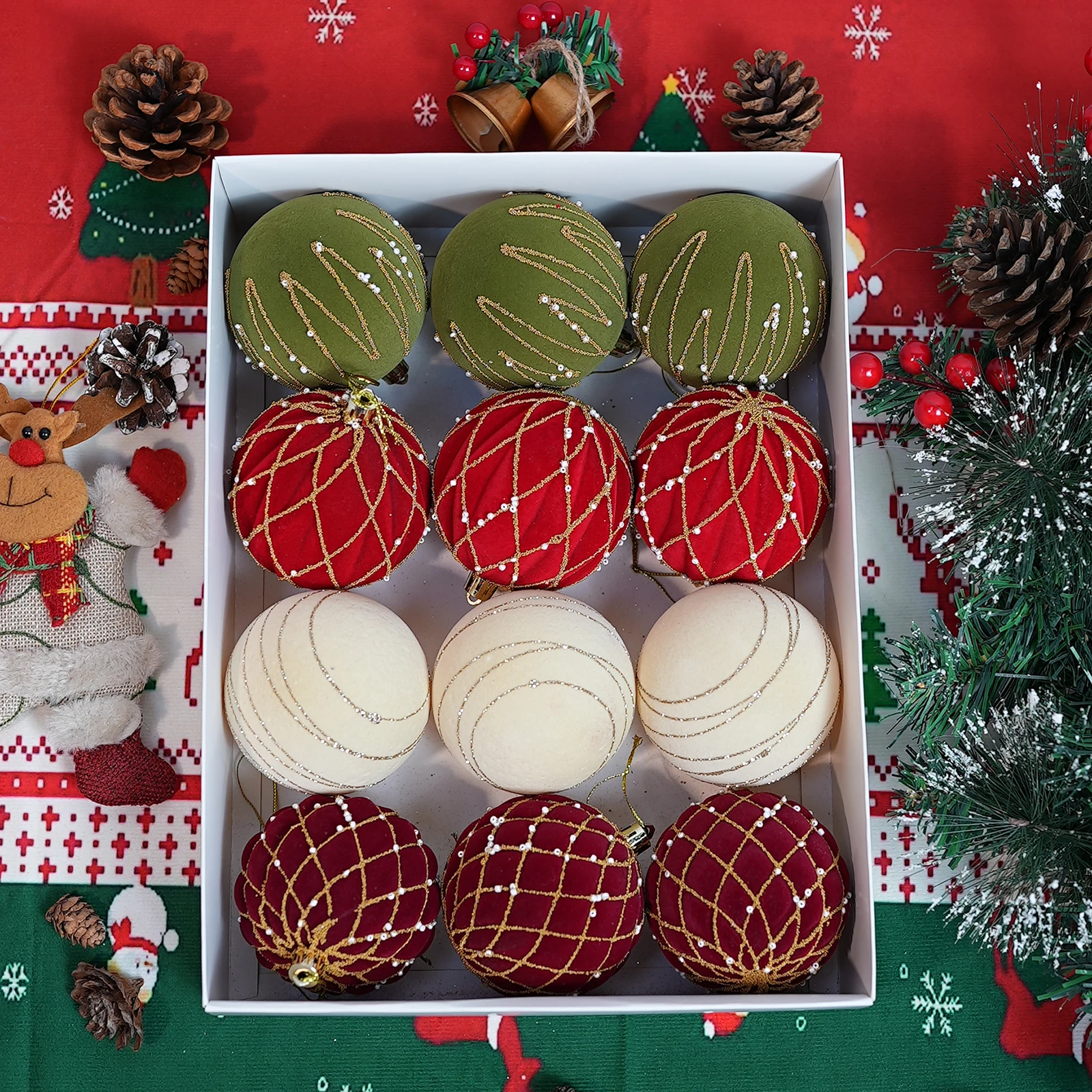 16Pcs Velvet Christmas Balls, Decorative Balls, Embellished with Shiny Lines, Christmas Ball Decorations, Festive Party Decorations, Decorative Hanging Balls for Christmas