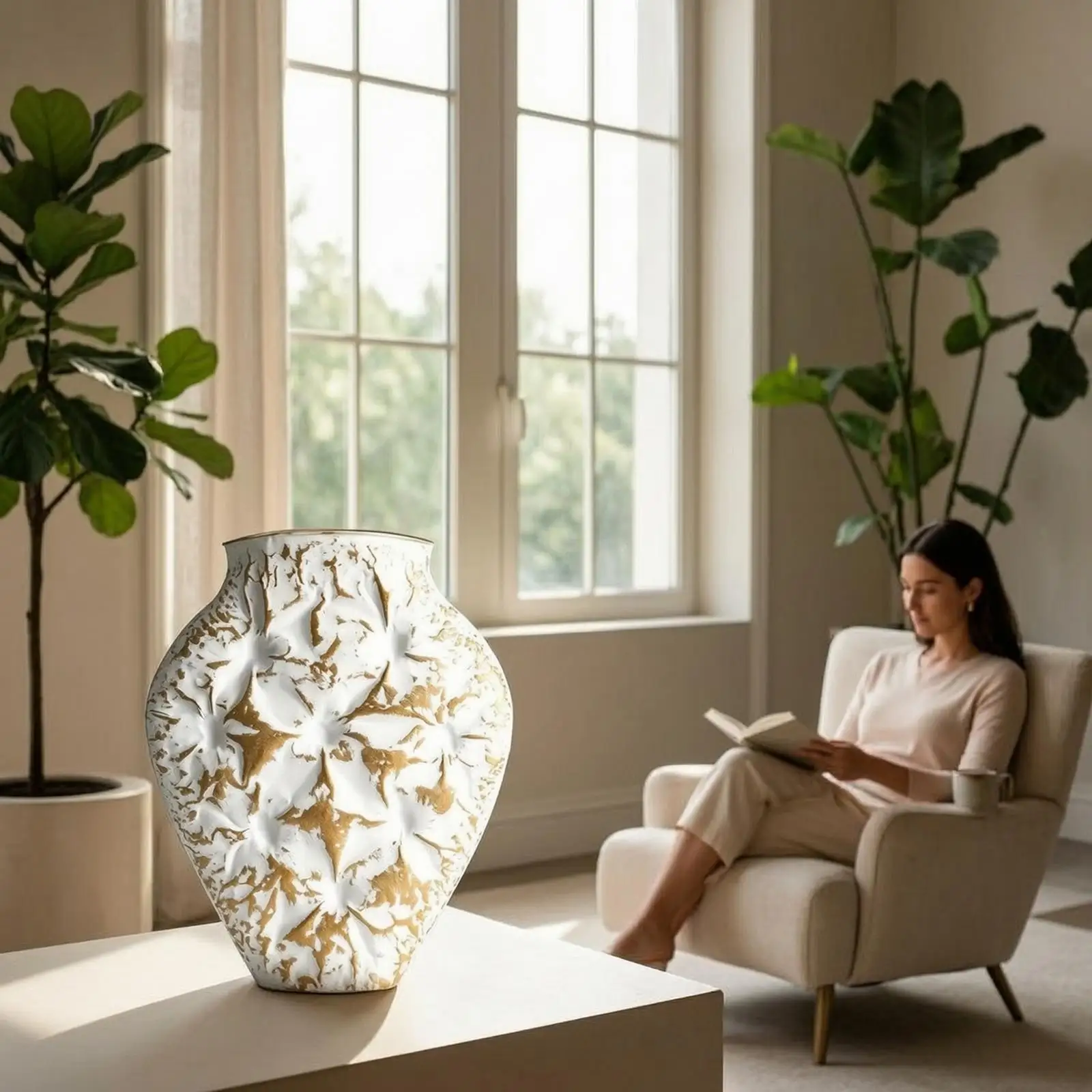 Decorative Vase Embossed Flower Vase Textured Vessel for Living Room, Entryway