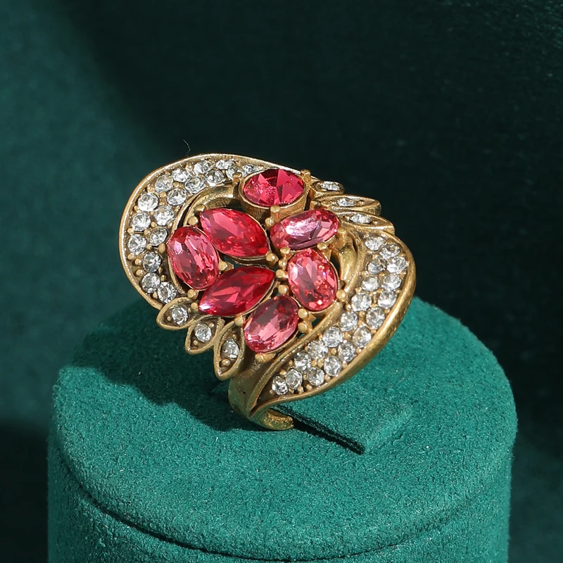 

Vintage Large Zircon Pink Flower Rings Women Antique Gold Plated Elegant Jewelry Princess Dress Charm Accessories New Style 2026