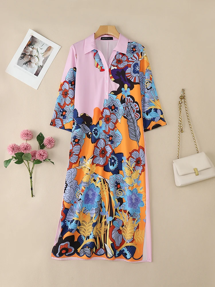 2025 ZANZEA Donna Autunno Abito stampato floreale Camicia di moda Abito Vintage Risvolto Manica 3/4 Vestito estivo Casual Caftano Robe Femme