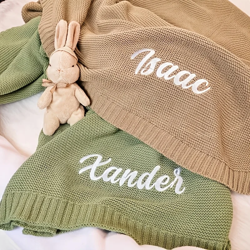 Customized Name Blanket Knitted Wrap Newborn Gift Set Organic Cotton Breathable Knitted Cotton Blanket Bedding Registry
