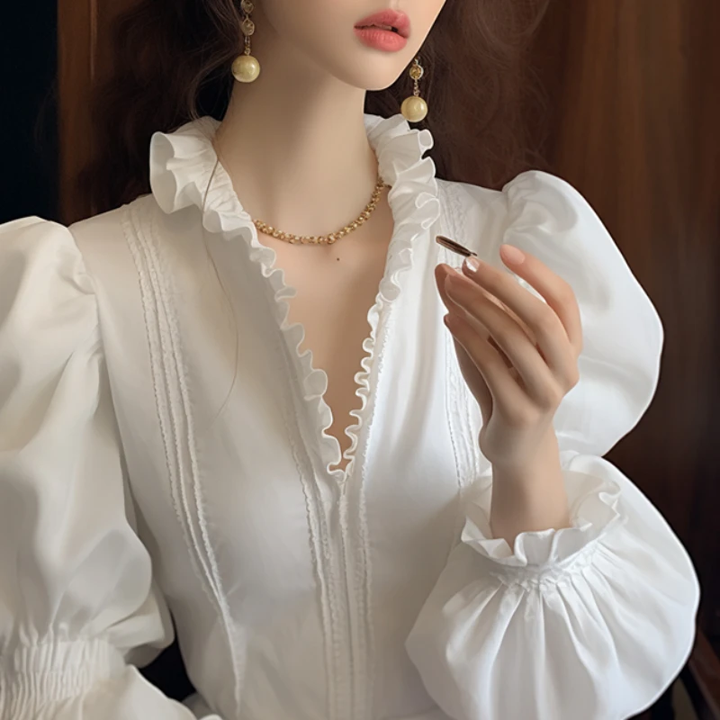 

2024 Spring Fall Women French Style Ruffles V Neck Lantern Sleeve White Top Shirt , Woman Slim Autumn Vintage Tops Shirts