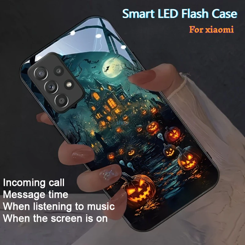 

Halloween Castle Colorful LED Luminous Mobile Phone Case For Xiaomi POCO F5 X5 X3 M3 M4 X4 X5 X6 X7 Pro F3 F4 F6 F7 C65 C75