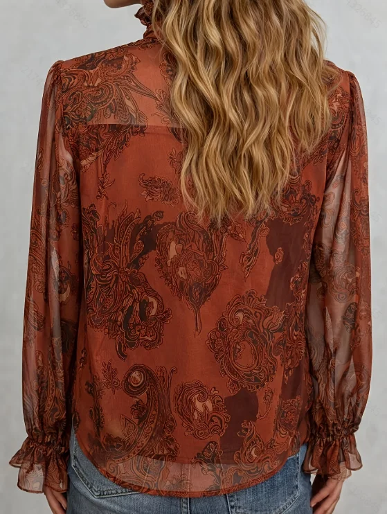 2026 Autumn New Collection Paisley Retro Print Stand Collar Tie Chiffon Shirt Ruffled Lantern Long Sleeve Top Plus Size Women's Casual Commuter Wear Product Details image 3