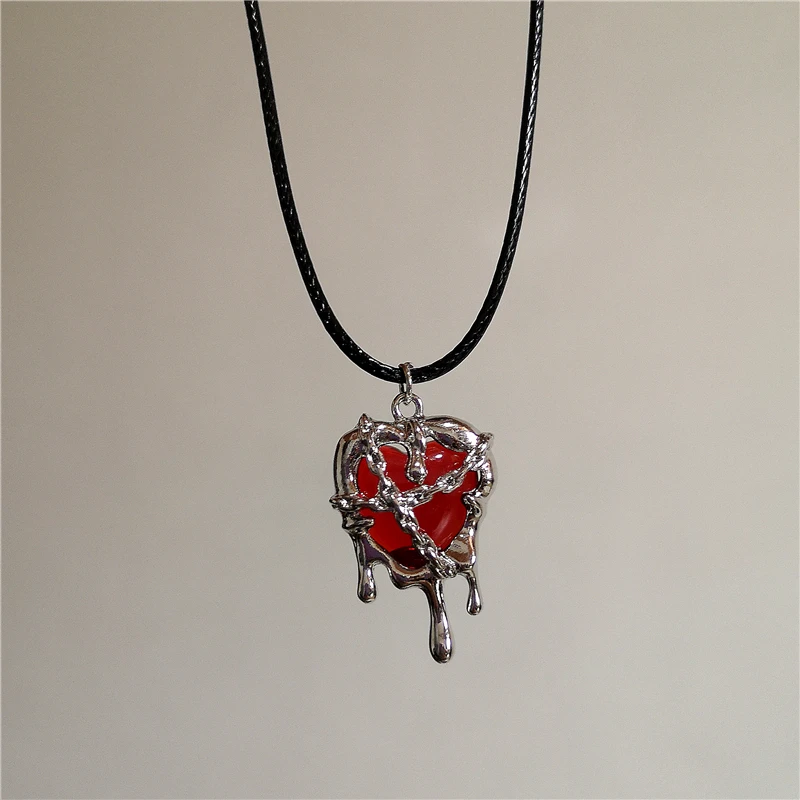 Gothic Red Black Lava Heart Pendant Rope Necklace For Women Men Grunge Halloween Rave Accessories Y2K 90s EMO Aesthetic Jewelry