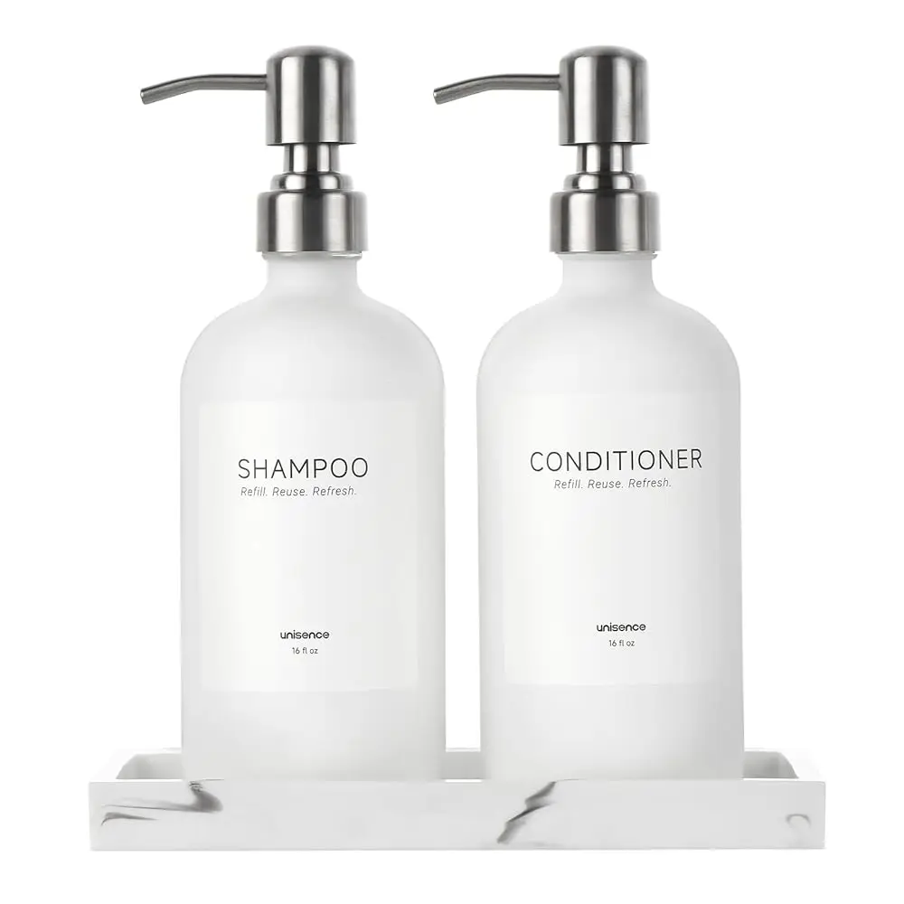 

White Glass Soap Dispenser Set for Kitchen, Hand and Dish Soap Dispenser with Stainless Steel Pump & Resin Tray, Perfect for