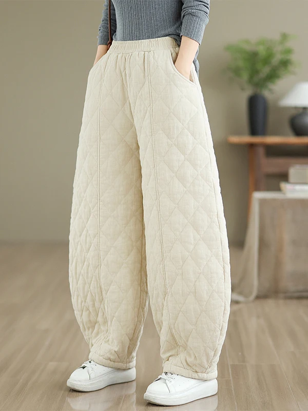 سراويل نسائية من القطن ثينيد عالية الخصر سراويل طويلة فانوس ملابس خارجية شتوية فايون ريترو خياطة الماس نمط الدفء #3