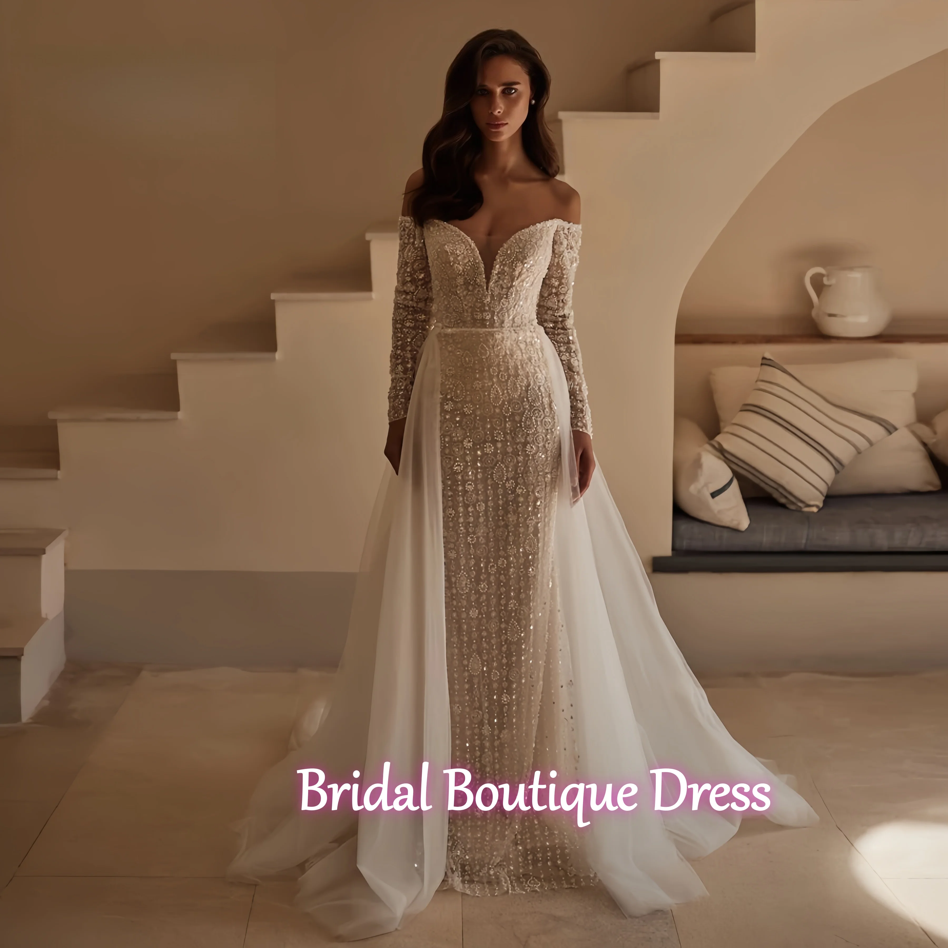 Personalizado de luxo sexy sereia vestidos de casamento manga boné com decote em v frisado pérolas rendas trem destacável vestido de noiva