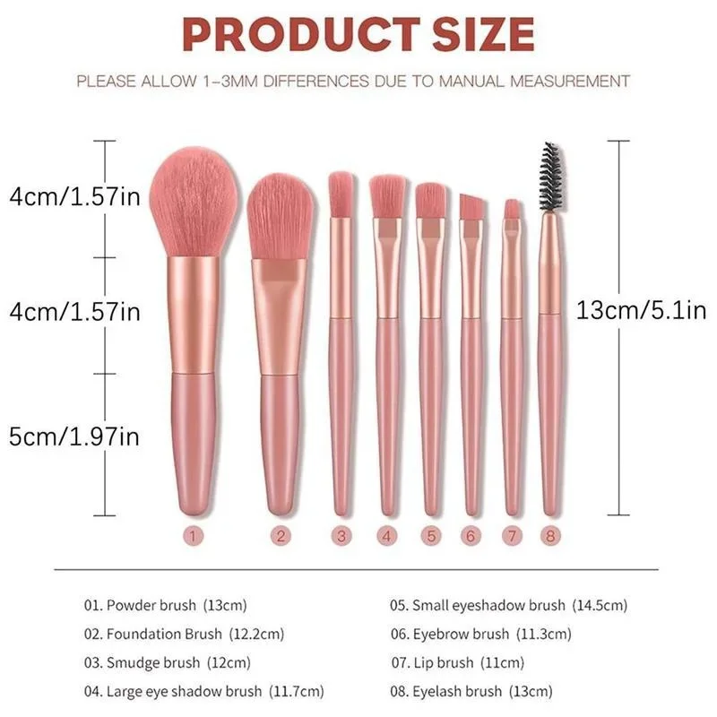 Set di mini pennelli per trucco morbidi portatili 8 pezzi Ombretto da viaggio Fondotinta in polvere Ciglia Correttore labbra Blush Strumenti cosmetici
