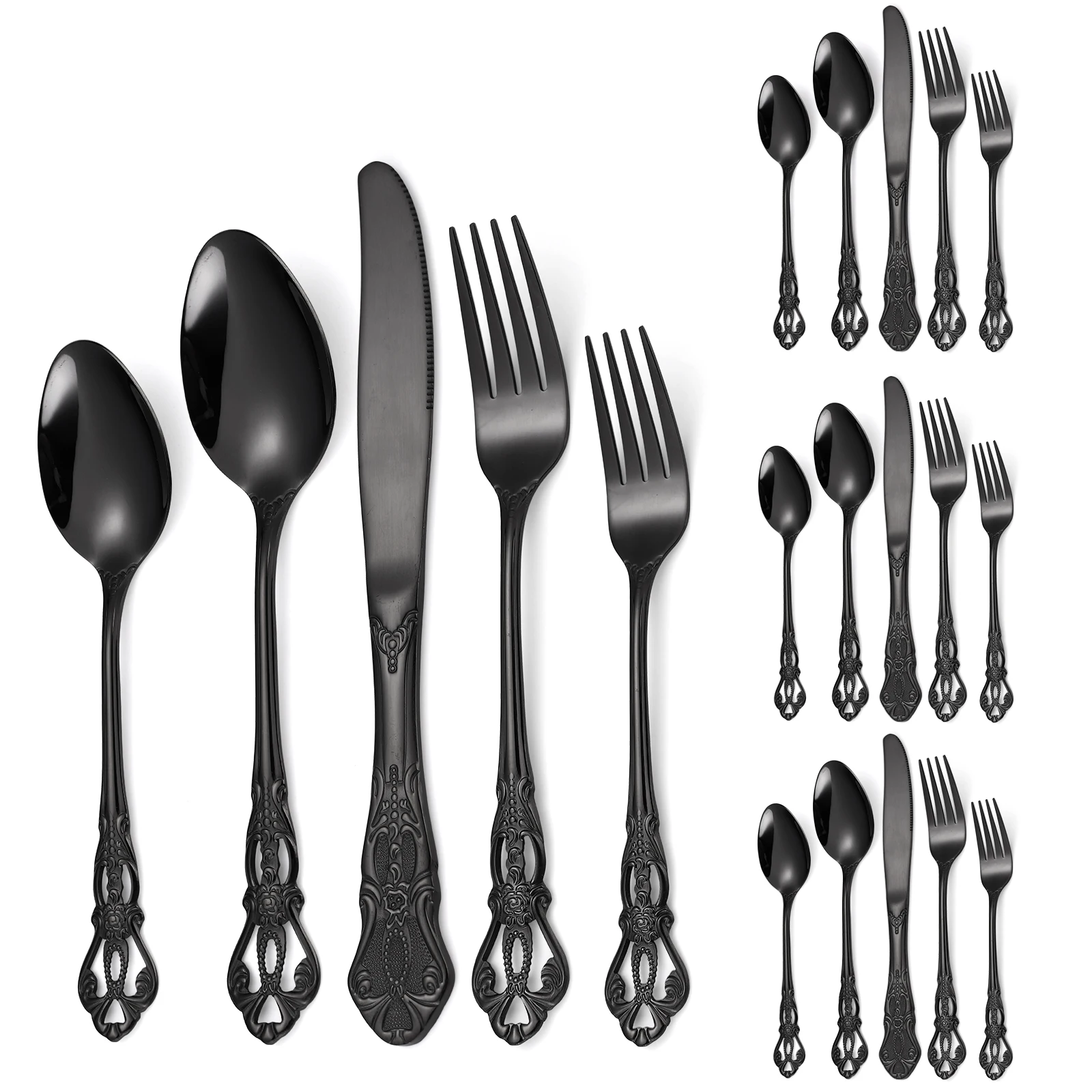 

A · HOUSEWARE Black Silverware Royal Flatware Set for 4 Stainless Steel Cutlery Retro Antique Kitchen Utenisl with Flower Design