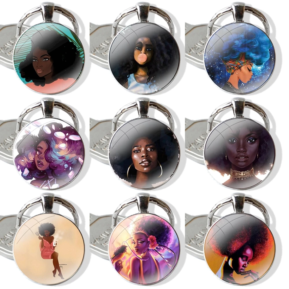 25mm Glass Cabohcon Keychain Key Rings for Women Men Jewelry Gift Afro Girls