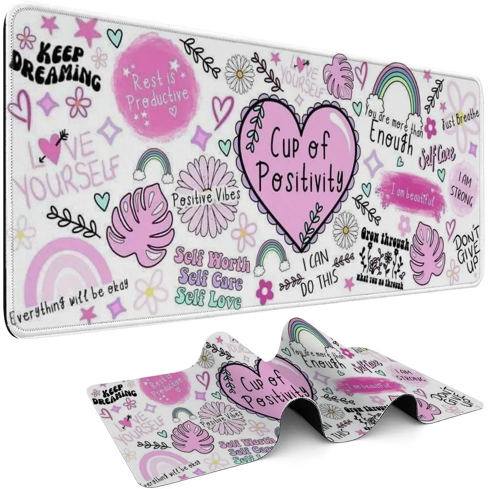 Inspirational Quotes Mouse Pad Aesthetic Desk Mat Rubber with Heart Rainbows and Flowers XL XXL