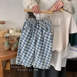 VERHOGEN 2026 Lente Kinderen Jongens Denim Broek Argyle Plaid Baby Jongens Rechte Broek Losse Leisure Veelzijdige Babys Jongen Jeans Broek