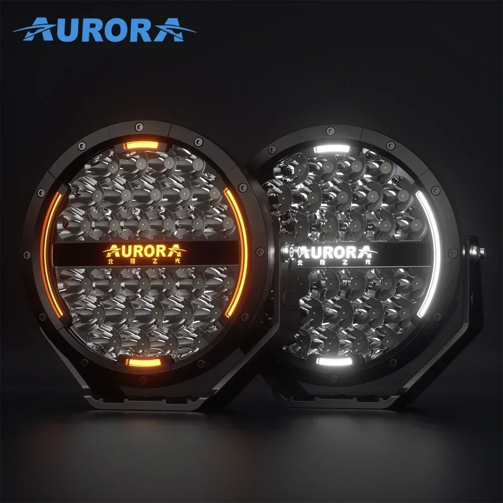 2025AURORA Dual-color DRL Off Road Round LED Working Light 9 Inch Led Driving Spot Offroad Light for Truck