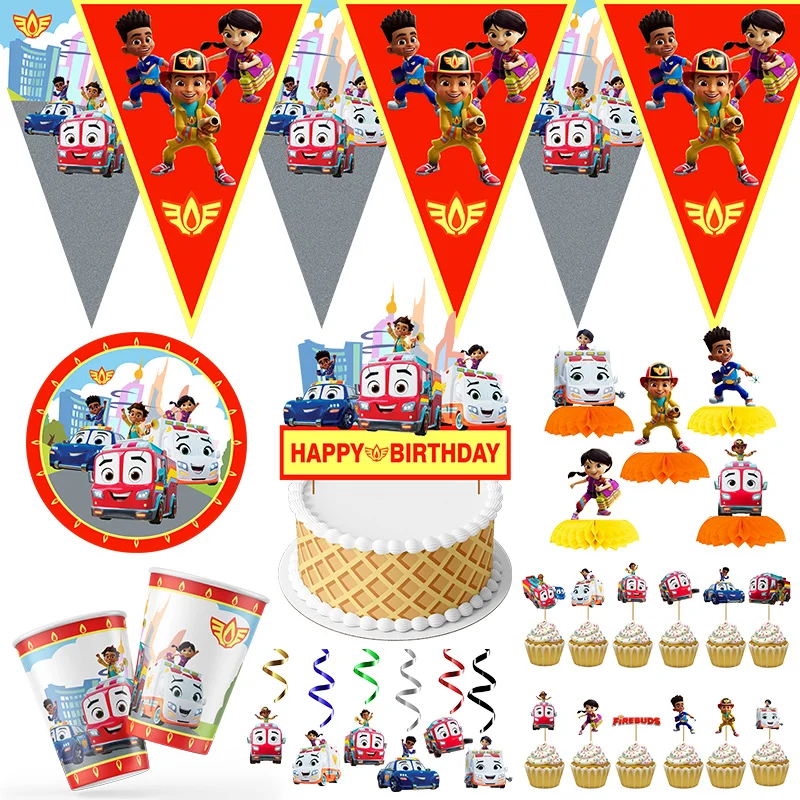 Disney Firebuds Baby Shower Decoration Supply Cartoon Party Sticker Cake Toppers Tableware Kids Birthday Party Gift Cute Packing