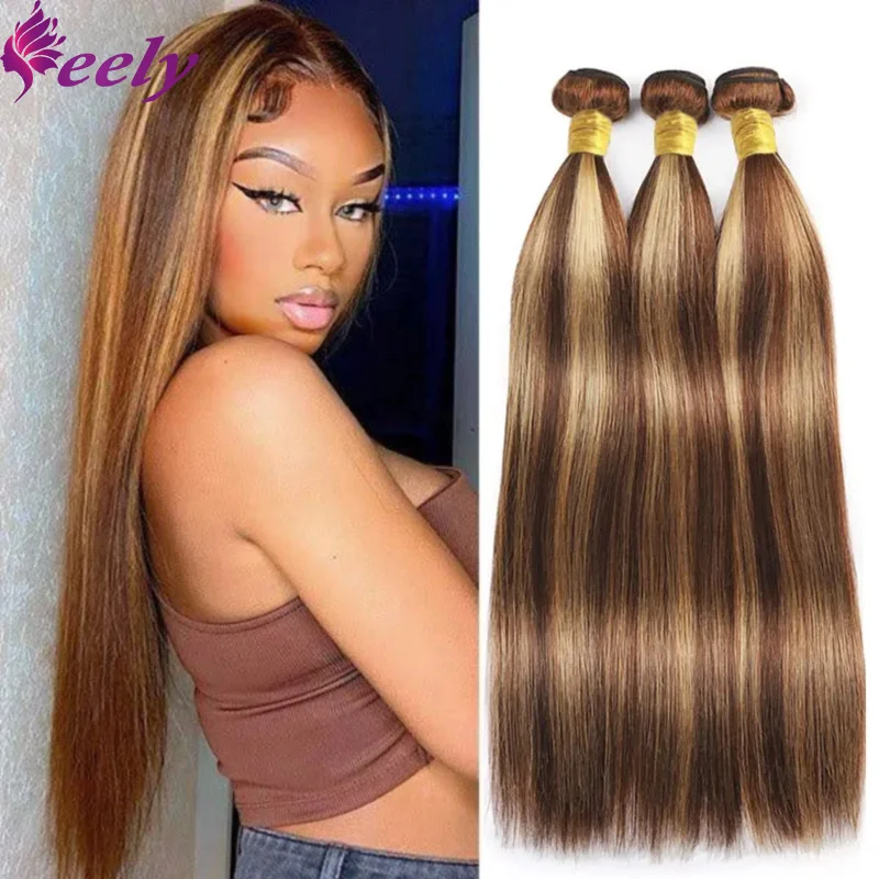 Highlight Straight Human Hair Bundles Brazilian Remy Hair Real Bundles Human Hair Extention Blonde Bundles Color P4/27 For Woman