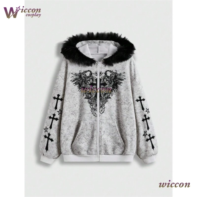 

Fashionable High Street Style Retro Vintage Autumn American Style Dark Cross Wing Printed Hoodie Vintage Fur Collar Sweatshirt