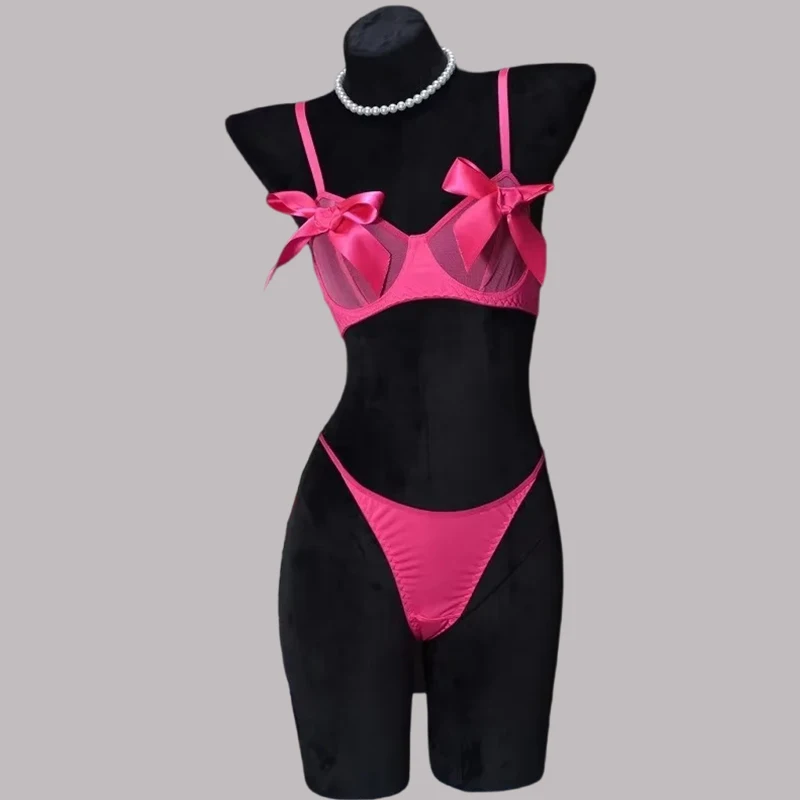 

Tornova Sexy Lingerie Suit for Women Solid Color Bow Knotf Sexy Underwear Bow Satin Sexy Breast-revealing Suspender Exotic Set