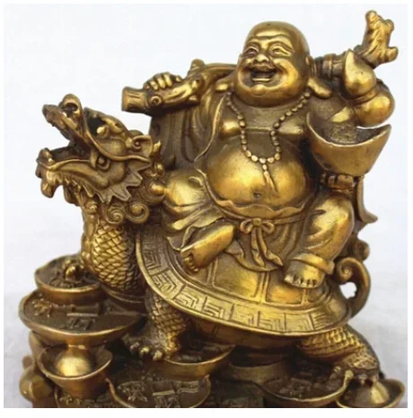 12CM Chinese Copper Wealth Money Happy Laugh Maitreya Buddha On Dragon Turtle Statue