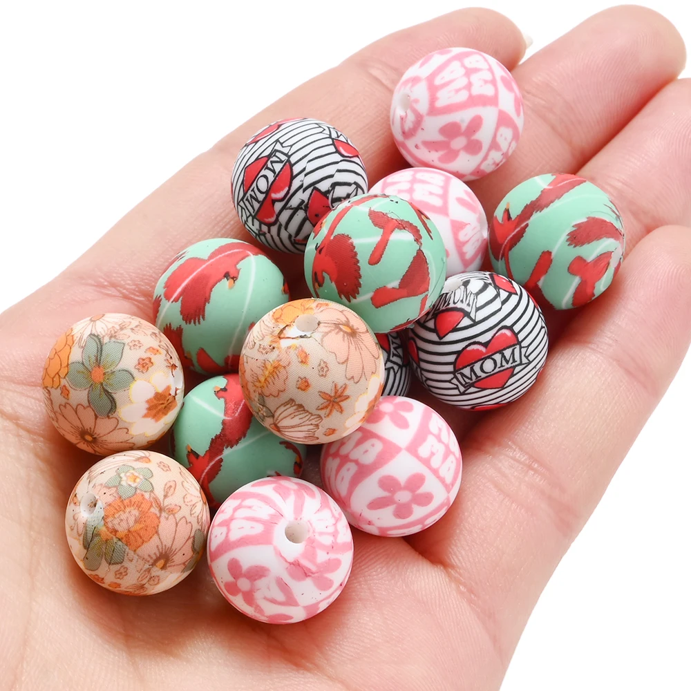 10 шт. 15 мм силиконовые круглые бусины с цветочным принтом для матери и птицы для DIY ожерелья ручной работы, браслеты, изготовление цепочек для соски