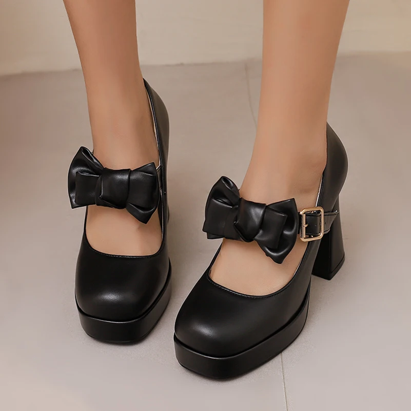 Plus Size Women Bow Mary Jane Platform High Heels Buckle Ankle Strap Flared Block Heel Pumps Sweet Lolita Party Dress Shoes