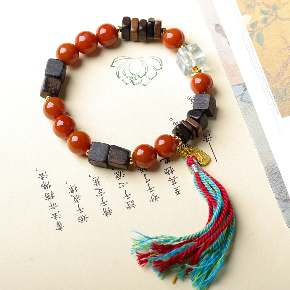 

Handwoven Tassel Bracelet with Southern Red Agate and Dalakan Agarwood Beads 2026 Gifts