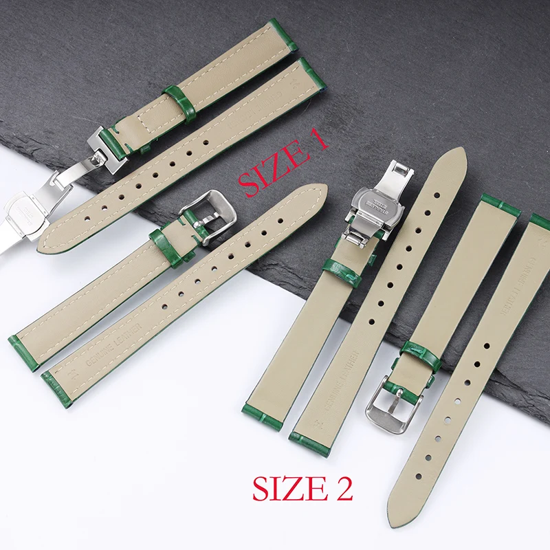 14mm 20mm 22mm High Quality Bamboo Pattern soft cowhide Strap Men Butterfly Buckle leather Green Watchband Bracelet