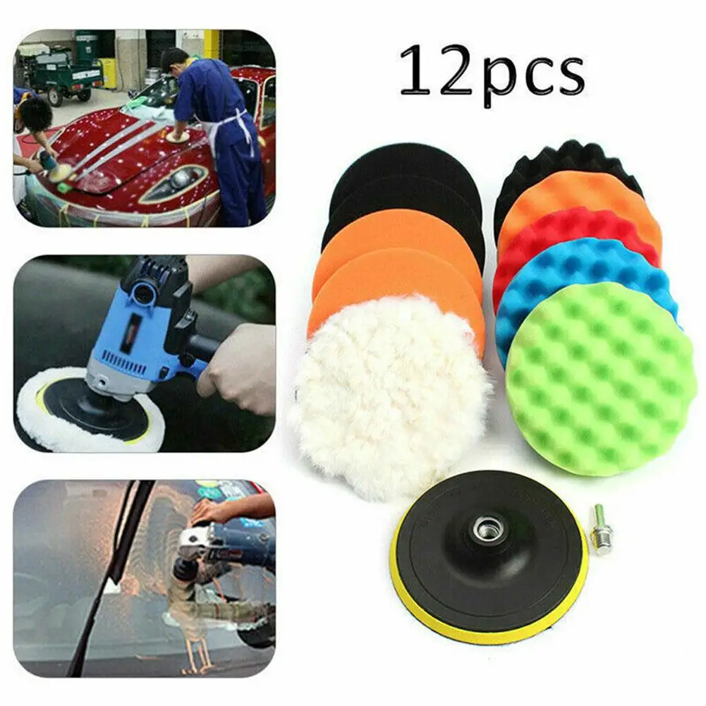 12PCS 3inch Buffing Sponge Pad Set Car Polishing Disc Auto Buffing Waxing Sponge Car Polisher Drill Adapter Cleaning Tool