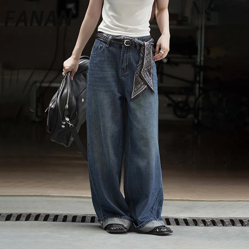 

Джинсы FANAN с шарфом и поясом для женщин, прямые широкие джинсовые брюки с высокой талией, модная одежда для женщин, новинка осени 2023 года