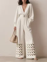 Yeezzi Women's Fashion Hollow Pu Leather Belted Deep V-Neck Jumpsuits Long Sleeves Solid Color Urban Ladies Business Overalls