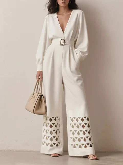 Yeezzi Women's Fashion Hollow Pu Leather Belted Deep V-Neck Jumpsuits Long Sleeves Solid Color Urban Ladies Business Overalls