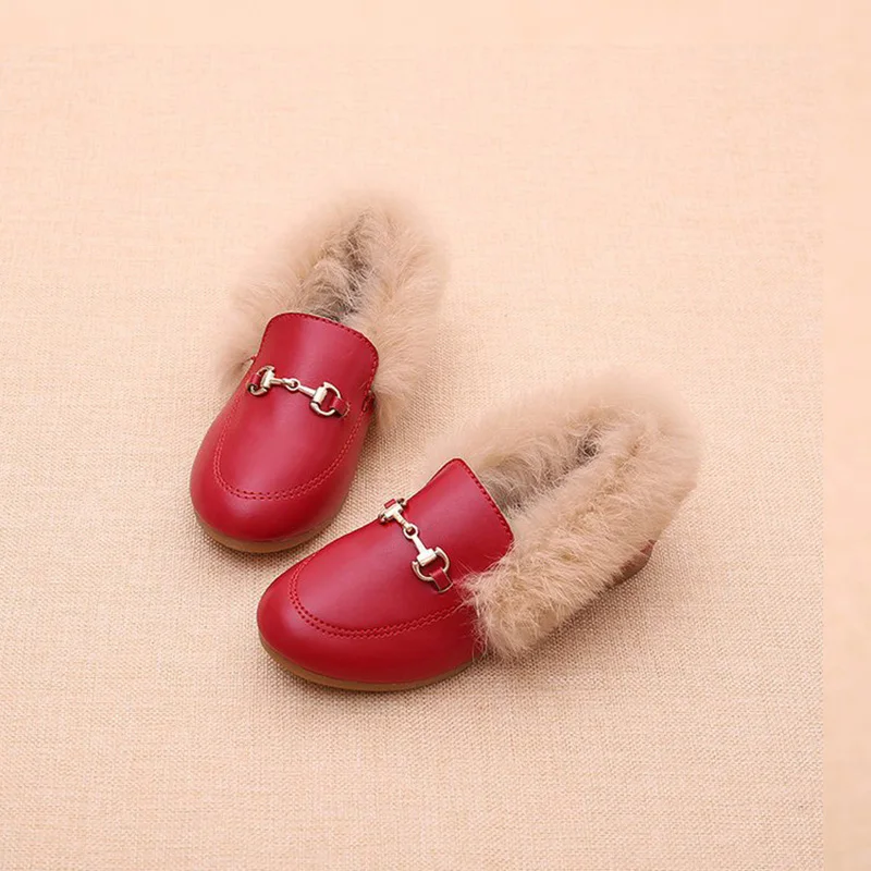 Mocassins en cuir PU pour filles, chaussures plates pour enfants, chaussures provoqué, fourrure chaude, princesse, hiver