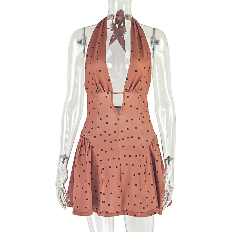 Elegante LADY Polka Dots Stampato Vestito 2025 Donne di Estate Halter Backless Scava Fuori Aderente Drappeggiato Club Mini Abiti Da Festa