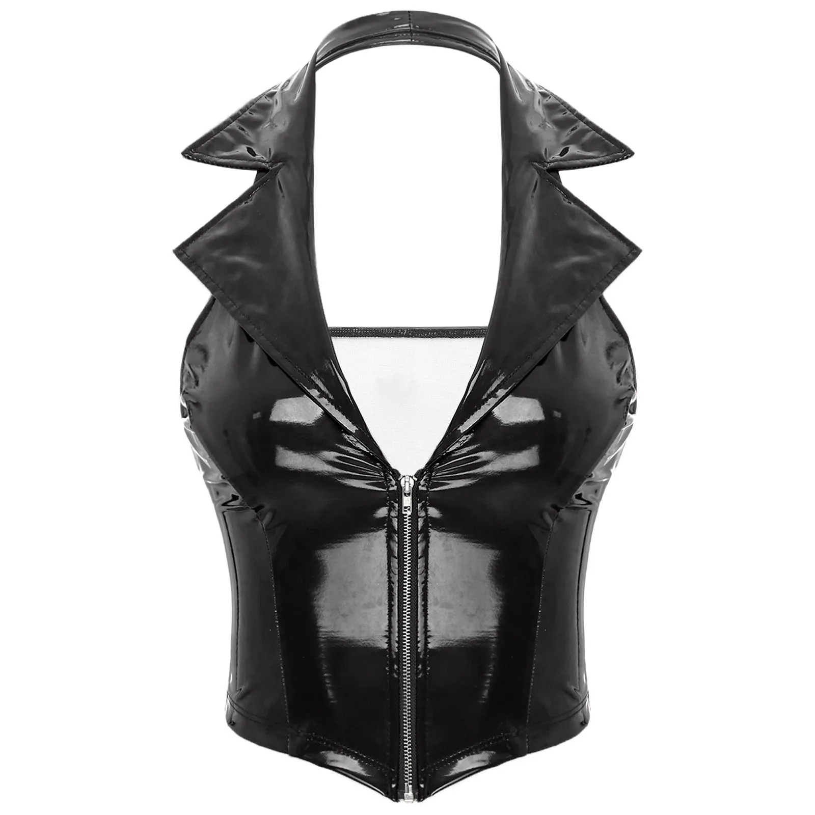 Womens Deep V Neck Front Zipper Latex Vest Tops Glossy Patent Leather Waistcoat Notch Lapel Slim Fit Camisole Tops Clubwear